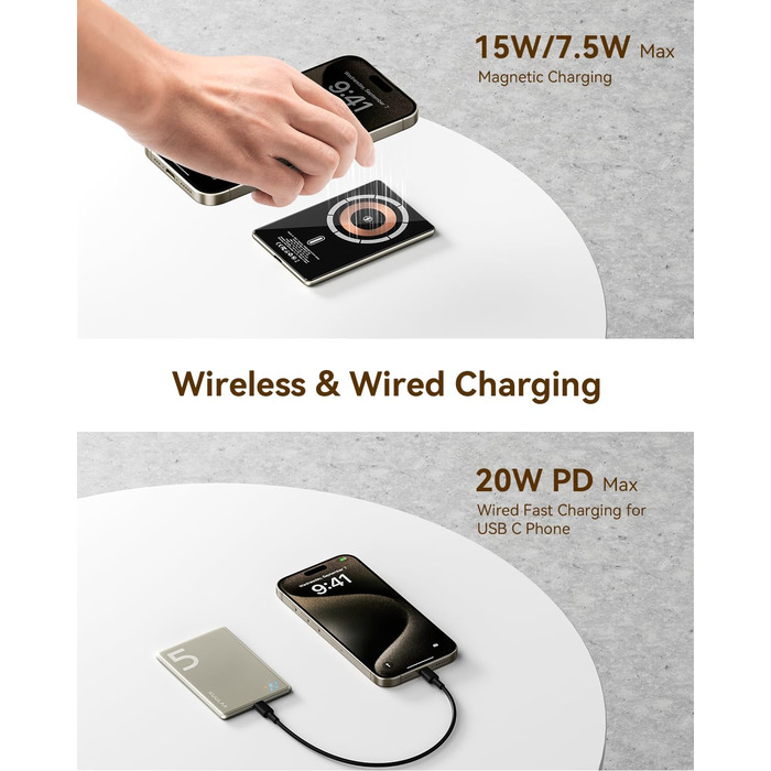 Power Bank Kuulaa Ultra Slim Magsafe, 5000mAh, Бездротова зарядка, Type-C, 20W, для iPhone 15/14/13/12 (Titanium)