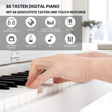 Електронне піаніно MUSTAR 88 клавіш з табуретом, цифрове піаніно, електричне піаніно з підставкою, 3 педалі, 2 роз'єми для навушників, LCD-дисплей, USB/MIDI, піаніно для початківців, чорний колір