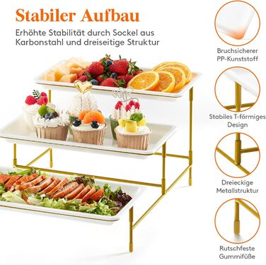 Lifewit 3-Tier Etagere with 30 x 17 cm Plastic Serving Plates, 3-Level Serving Tray/Serving Platter with Folding Gold Metal Shelf, Buffet Party Accessories for Vegetables/Fruit/Cookies/Cake