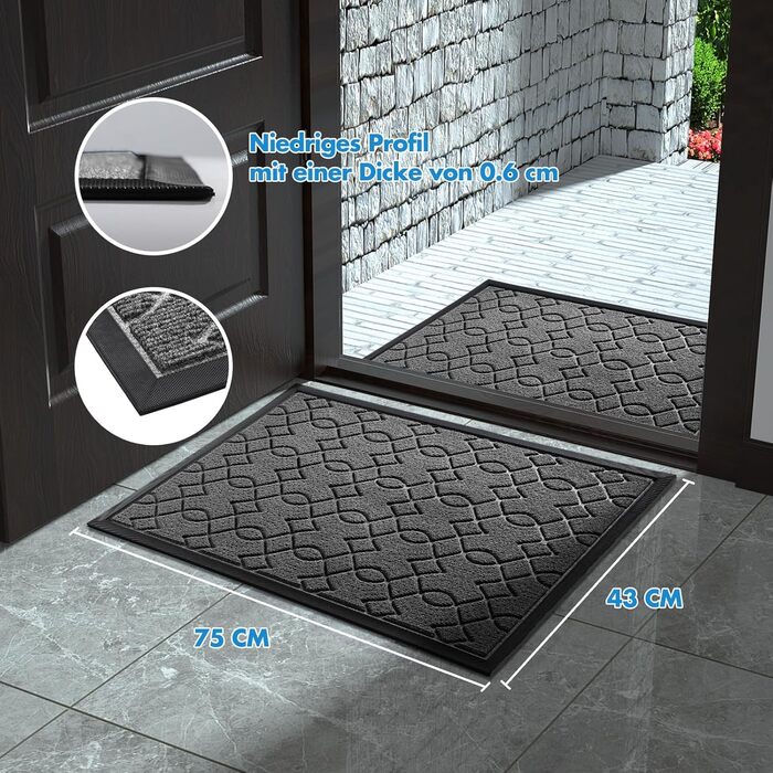 Килимок для входу Yimobra, 75 x 43 см, миючий, вологостійкий, з антиковзким покриттям, чорно-сірий