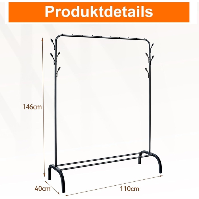 Стійка для одягу на підлозі, чорна, з полицею для взуття та нижньою полицею, металева, для спальні