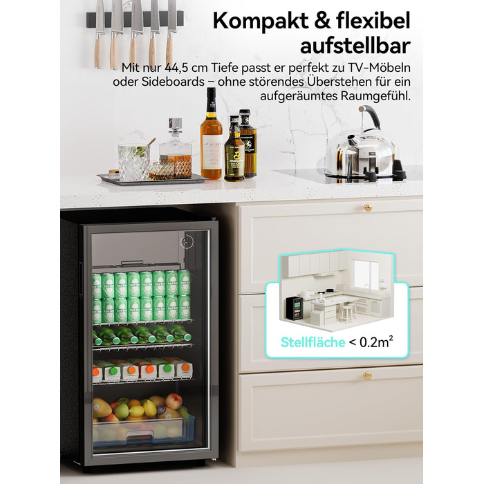 Холодильник для напоїв Devoko 93L з скляними дверцятами та LED-підсвіткою. Регульовані полиці для колі, пива та вина. Чорний колір, ідеально для дому та офісу.