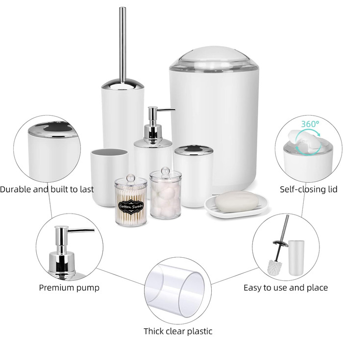 Набір аксесуарів для ванної кімнати IMAVO – 8 предметів сірого кольору (сміттєвий бак, дозатор мила, мильниця, тримач для зубних щіток, тримач для унітазного йоржика, диспенсер для ватних паличок з етикетками)