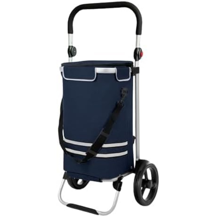 DIVID® Коляска для покупок зі складною візком, об'єм 56 літрів, вантажопідйомність до 50 кг, складана, сумка через плече та ізольований відсік, синій колір