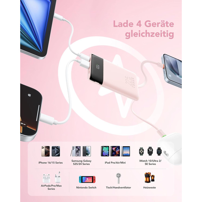 Повербанк VEGER 10000mAh 22.5W з вбудованим кабелем USB-C, рожевий