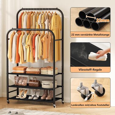 Вішалка для одягу HOMIDEC з 3 полицями, подвійна штанга на колесах, металевий каркас, чорна. Макс. навантаження 80 кг