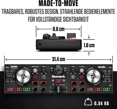 DJ контролер Numark DJ2GO2 Touch: 2-канальний, компактний, з мікшером та аудіоінтерфейсом, Serato Lite