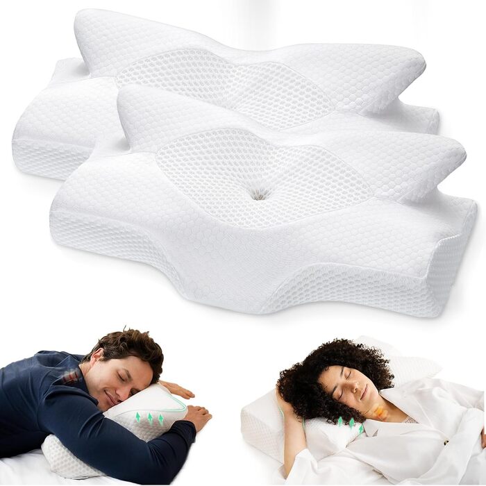 Подушка ортопедична Elviros з піни Memory Foam для сну на боку, комплект 2 шт (64x12.5/10.5x38 см), біла - підтримка шиї, зменшення болю в шиї