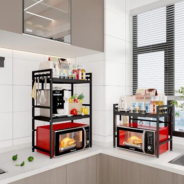 Регульована полиця для мікрохвильової печі, 2-рівнева, розширювана, металева, з 8 гачками, чорна