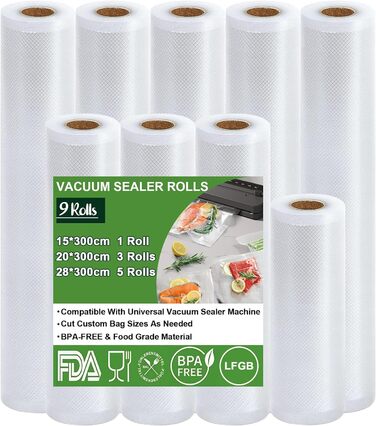Omtofo Vacuum Bags, 9 Rolls of Vacuum Film, Vacuum Bags for Food, 28/20/15 x 300cm, BPA-Free, Tear-Resistant, 150µm, Vacuum Film Rolls for All Vacuum Sealers, Microwave and Sous Vide
