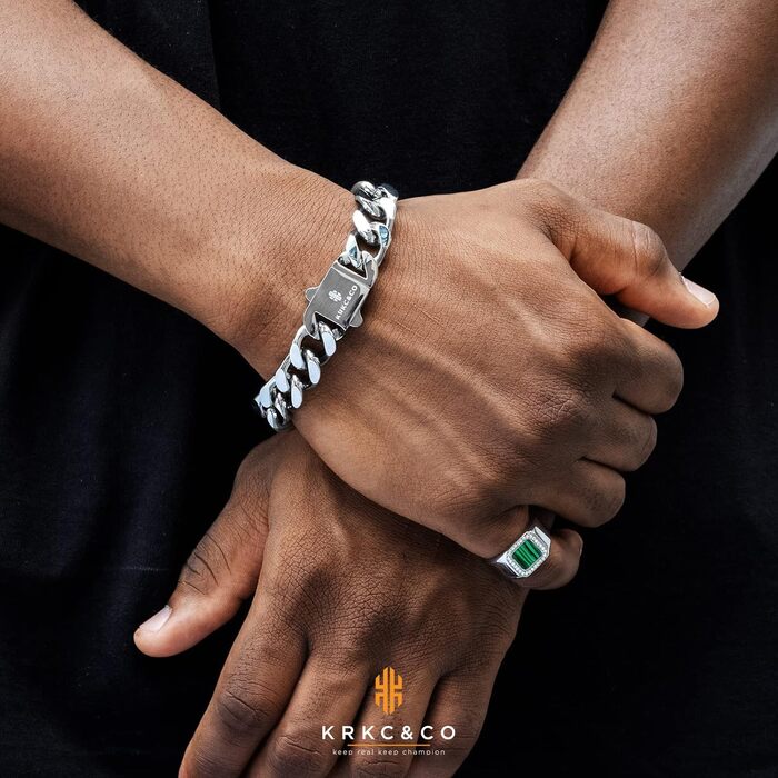 Чоловічий браслет KRKC&CO, кубинський ланцюг, 18 мм, Miami Iced Out, кубинське панцерне з'єднання, 18-каратне золото, міцний, Urban Streetwear, браслет у стилі хіп-хоп для чоловіків (срібний, 14 мм, 22.9 см)