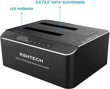 Док-станція для жорстких дисків RSHTECH з двома відсіками, USB 3.0, алюміній, підтримка 2.5/3.5