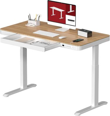Електричний стіл Sanodesk з регулюванням висоти, ящик, сенсорне керування, USB-порти, 120 x 60 см, білий, 120 x 60 x (73.5-118) см