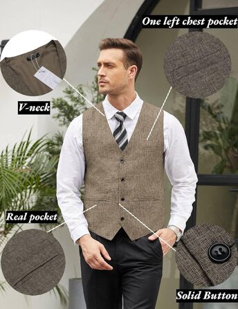 Жилет чоловічий COOFANDY, коричневий, для вечірок, ділових зустрічей та святкування, модель V-подібного вирізу