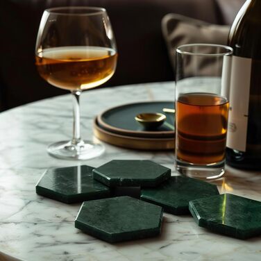 Marble Coasters for Drinks with Metal Stand for High-End Lifestyle (Set of 6) (Hexagonal, Emerald Green)