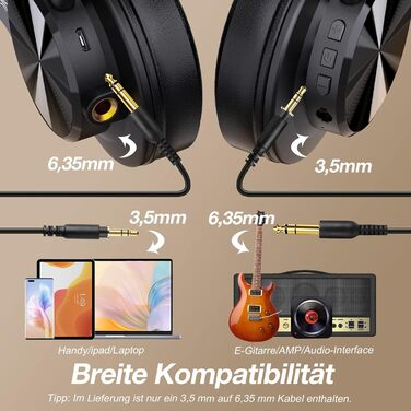 OneOdio Bluetooth навушники Over-Ear, 72 год HiFi Stereo, бездротові, з 6.35mm та 3.5mm аудіоджеком для студії, DJ, телефону, ПК, підсилювача - Чорний