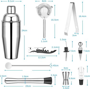 Набір для коктейлів GOLDGE 12 предметів: шейкер 750 мл, міксер, аксесуари для бару з нержавіючої сталі для дому та бару
