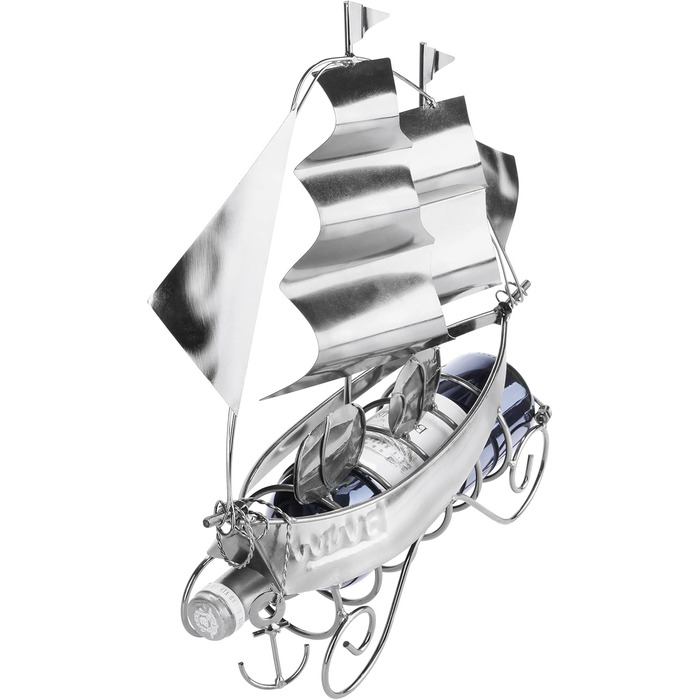 BRUBAKER Wine Bottle Holder Sailing Ship - Bottle Stand Sculpture made of Metal with Gift Card - Silver Wine Gift, Height 39 cm