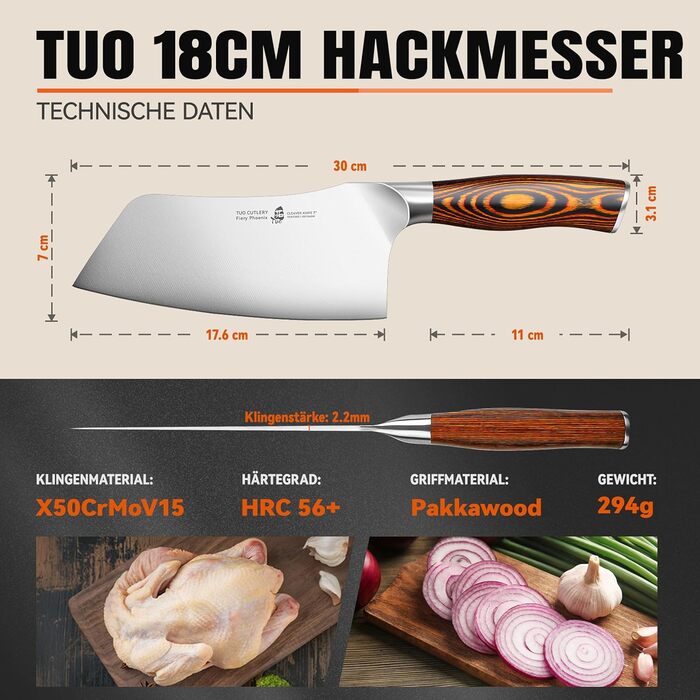 Ніж кухарський TUO Hackmesser 18 см, нержавіюча сталь, кухонний ніж з ергономічною ручкою Pakkawood, серія Fiery Phoenix