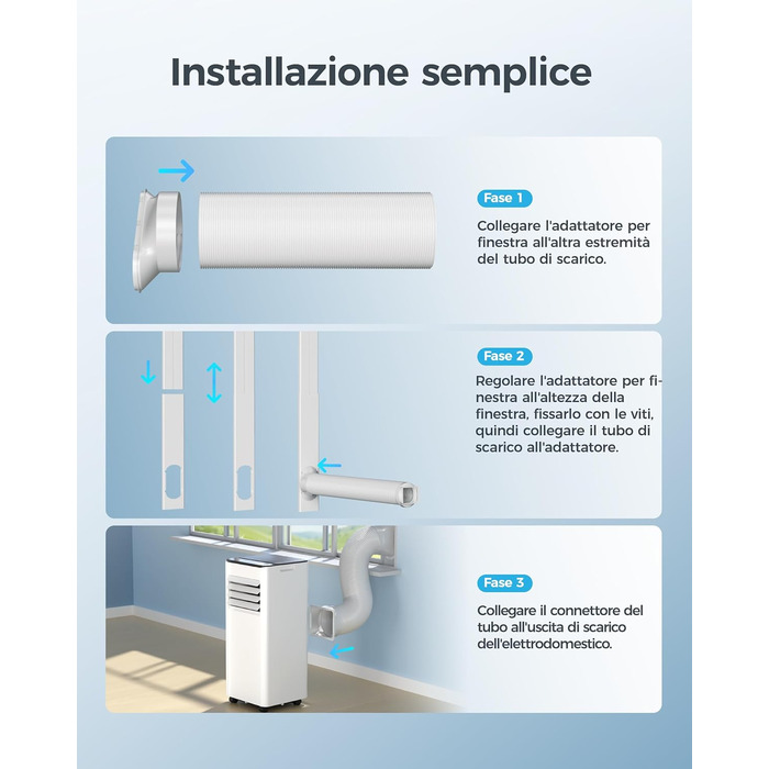 Мобільний кондиціонер 9000 BTU з випускним шлангом | 4-в-1 | Тиха робота <48 дБ | Цифровий дисплей + пульт дистанційного керування | Комплект для встановлення у вікно | Таймер 24 години | Для приміщень до 25 м²