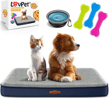 Lovpet® Orthopedic Dog Bed, Dog Cushion, Dog Basket Cookie, Incl. Bowl + 3X Chew Bones, Dog Sofa for Small, Medium & Large Dogs, Removable and Washable Cover, L 91x69x7.6 cm Anthracite (M (76 x 51 x 7.6 cm), Navy Blue / Light Grey)