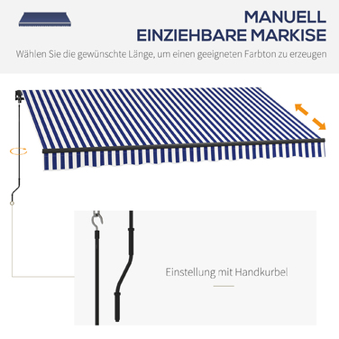Markiza Outsunny з шарнірною рукояткою, розміром 350 x 300 см, сонцезахисна з SPF 30+, терасна/балкона маркіза з кутом нахилу 45-85°, водонепроникне покриття, кріплення до стіни, блакитно-біла | Aosom