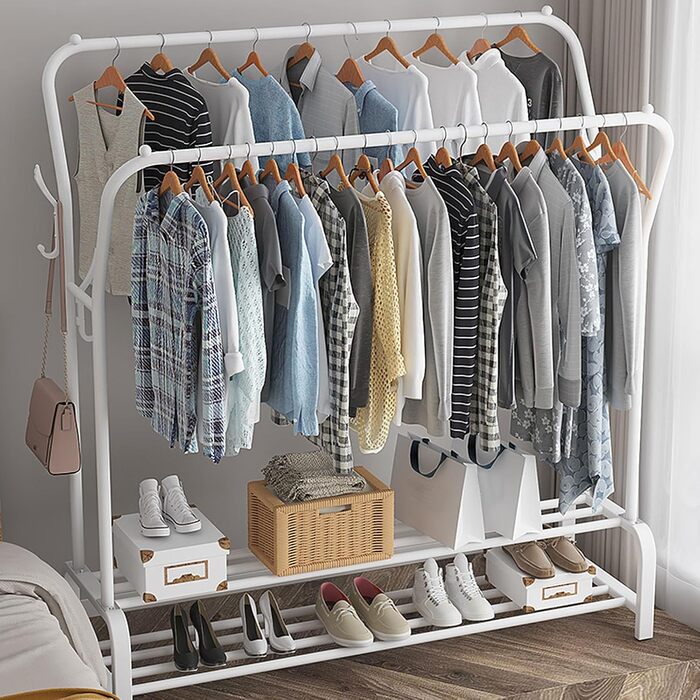 Стійка для одягу на підлозі з металу з полицею для взуття та нижньою полицею, для спальні. Металева стійка для одягу з подвійними вішалками (біла)