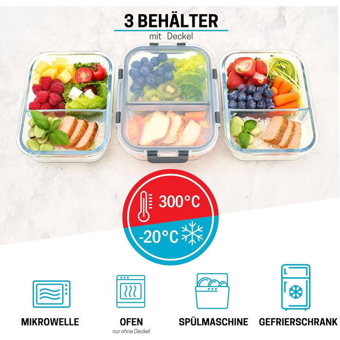 Набір контейнерів для їжі Igluu Meal Prep (3 шт.) – 980 мл, з боросилікатного скла, з 3 відділеннями, BPA-free, для мікрохвильовки, духовки, морозильника, посудомийної машини, витікання неможливе