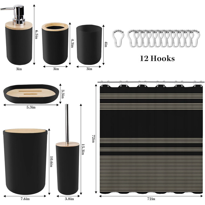 Набір аксесуарів для ванної кімнати Britimes, чорний: шторка для душу, сміттєвий бак, дозатор мила, тримач для унітазу, тримач для зубних щіток та стаканчик для зубних щіток