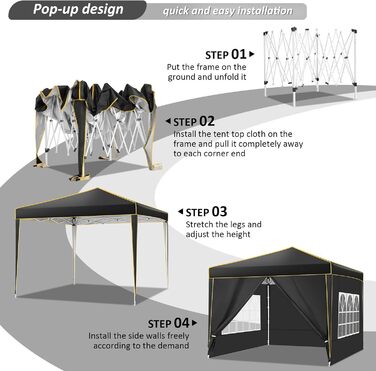 COBIZI Gazebo 3x3 Waterproof Stable Winter-Proof Party Tent, Folding Gazebo 3x3 with 4 Side Panels 3.0, 100% Waterproof and UV 50+ Portable High-End Portability Garden Gazebo, Black
