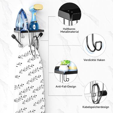 Настінна тримач для прасувальної дошки, праски та аксесуарів, чорний, металева стійка з великою полицею для прасування, Y/T-подібна форма