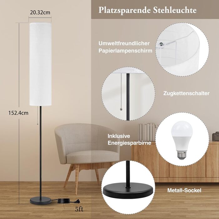 Стійка лампа GyroVu для вітальні, 65 дюймів, висока лампа для спальні з паперовим абажуром, 3 колірні температури, чорно-білий колір (лампочка в комплекті)