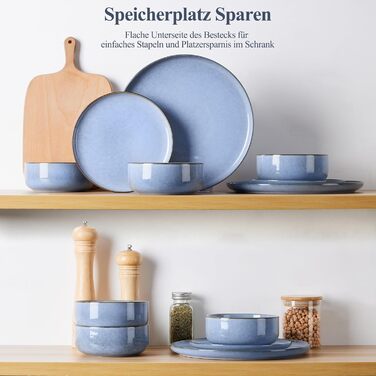 Набір посуду Joyfair на 6 осіб, 18 предметів: тарілки для їжі, десертні тарілки, миски для каші, з реактивною глазур'ю, для мікрохвильової печі та посудомийної машини (Ozean Blau)