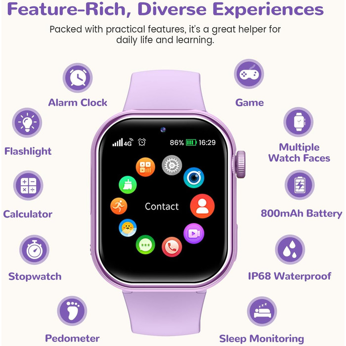 Дитячий розумний годинник зі GPS та телефоном, IP68, відеодзвінки, SOS, режим навчання, чат, SMS, ліхтарик, крокомір, будильник, годинник для дівчаток та хлопчиків, фіолетовий