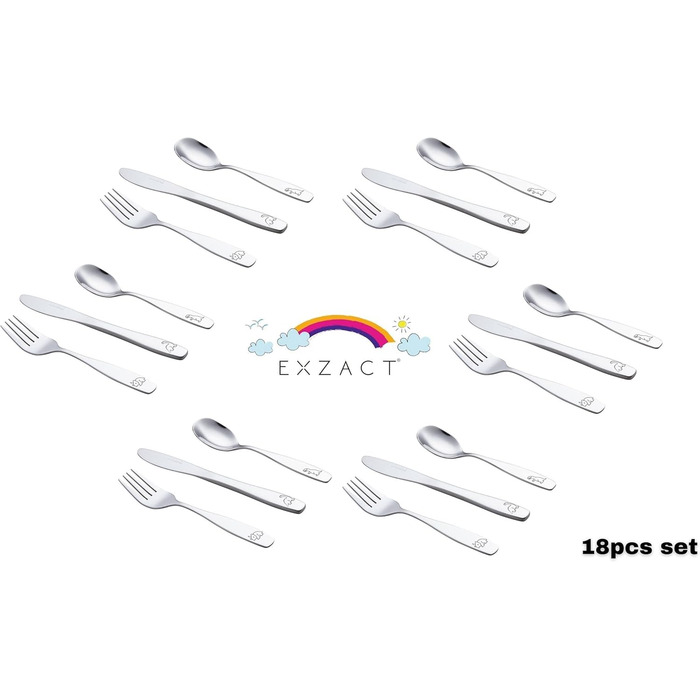 Набір дитячого столового приладдя EXZACT Kinderbesteck Set 18-ти частинний з нержавіючої сталі, від 2 років, безпечні ножі, 6 виделок, 6 ножів, 6 ложок (Dino X 18)