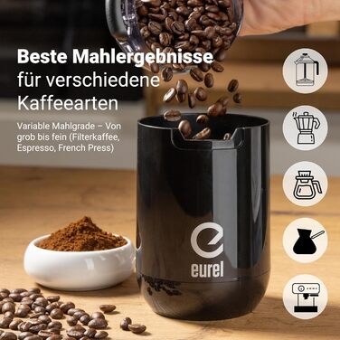 Електрична кавомолка EUREL KMA з нержавіючого сталі, змінний помел, компактний дизайн, 45г – чорний колір
