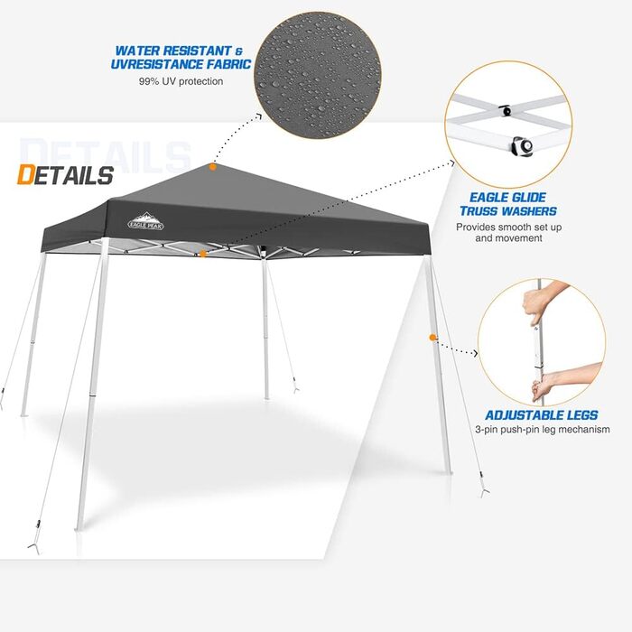 EAGLE PEAK 3x3m Event Tent with Slanted Legs, Pop-up Pavilion for Outdoor Use, UV Protection 50+, Waterproof, Foldable, Folding Gazebo for Camping, Garden, Party, Dark Blue (Gray)