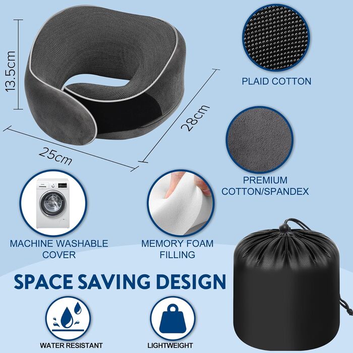 Подушка для шиї у літак, Memory Foam, для дорослих, ергономічна підтримка шиї з 3D-маскою для сну, навушниками, сумкою - ідеальна для літака, авто, дому, офісу, подушка для сну (Сірий)