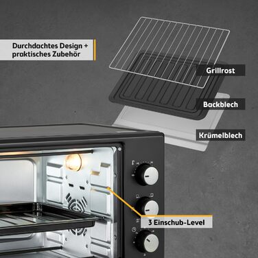 Міні-піч TZS First Austria 30L з регулюванням температури до 230°C, таймером 60 хв, 3 рівнями та решіткою для гриля - для невеликих кухонь та кемпінгу