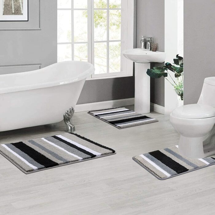 Pauwer Soft Bath Mats & Bath Rugs Set of 3, Microfiber, Non-Slip, Water-Absorbent Bathroom Rugs, Machine Washable, Bath Mat and Toilet Mat for Shower, Bathtub, and Toilet (Black) Black 50 x 80 cm + 45 x 65 cm + 50 x 60 cm
