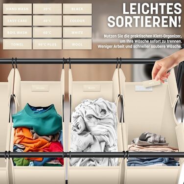 KESSER® Laundry Basket, Laundry Collector, Laundry Sorter with 4 Removable Fabric Bags | 4 Compartments x 35 Liters | Laundry Box with 12 Laundry Instructions, 360° Swivel Wheels with Brake, Laundry Sorting System, Laundry Cart, Beige