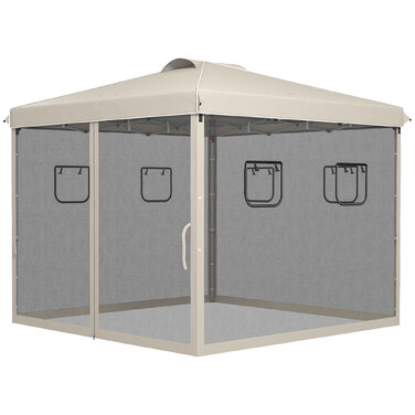 Outsunny Folding Gazebo 3x3m with 4 Mosquito Curtains, UV Protection, Pop-Up Design, Window & Carry Bag, Beige for Garden Parties
