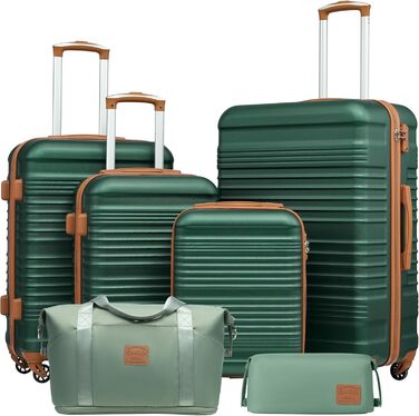 Набір валіз COOLIFE 6 шт: дорожній набір 16', 20', 24', 28' + сумка та туалетна косметичка | ABS, 360° колеса, TSA-замок для Європи, круїзів та навчання за кордоном – необхідний дорожній набір для сімейного відпочинку, колір темно-зелений/коричневий
