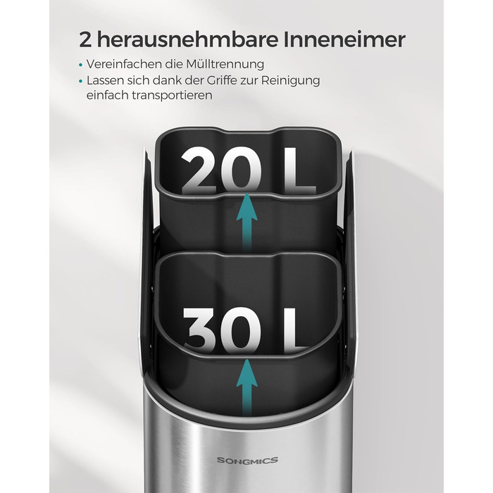 Сміттєве відро SONGMICS для кухні з сортувальником, 30/20 л, з педаллю, 2 відділення, білий + металік