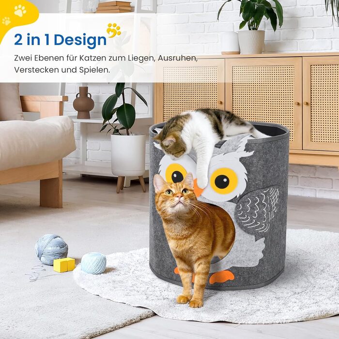 Кігтеточка-будиночок для котів Dripex з 2 поверхів, з фетру, з подушкою, 30x35x35 см (Сова)