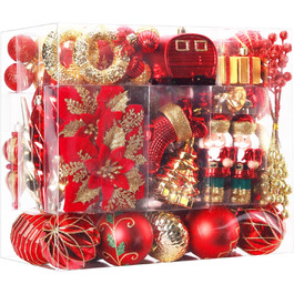 Набір прикрас на ялинку Shareconn 135 шт. – міцні ялинкові кулі з мотузкою, різні розміри та дизайни, декор для ялинки (червоний, зелений, золотий)