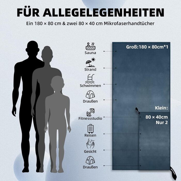Набір з 3 рушників з мікрофібри: великий (180х80 см) та 2 маленькі (80х40 см). Швидковисихаючі рушники з мікрофібри для спорту, пляжу, басейну та подорожей (темно-синій)