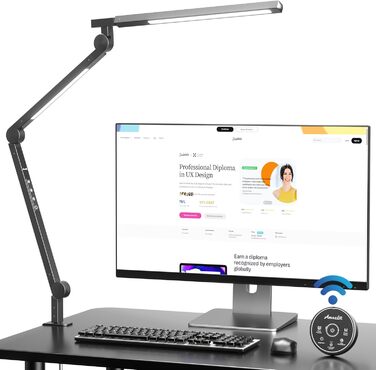 AmazLit Adjustable LED Desk Lamp with Remote - 12W Dual Light Source Architect Lamp, Dimmable & Adjustable Color Temperature Clamp Desk Lamp for Office