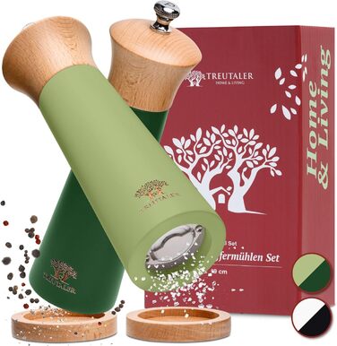 Plastic-Free Salt and Pepper Grinder Set with Coaster | Spice Grinder Set Made of Solid Wood with Stepless Stainless Steel Mechanism and Ceramic Grinder | Green