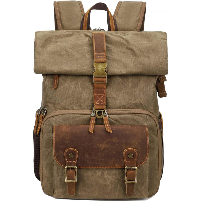 Рюкзак для фотокамери Vmokki Rolltop з водонепроникним покриттям, великий, з швидким доступом, анти-крадіжка, тримач для штатива, відділення для ноутбука. Підходить для дзеркальних фотоапаратів, аксесуарів (Хакі)